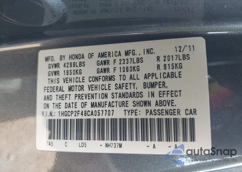2012 Honda Accord Sdn Lx Premium from USA, damaged, VIN 1HGCP2F48CA057707
